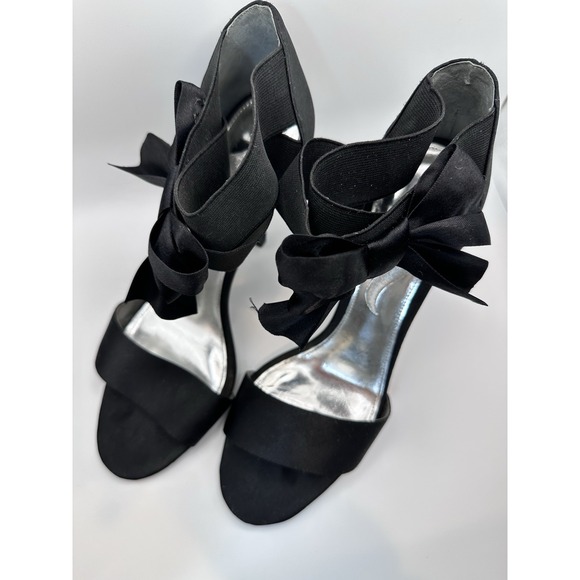 Women's Black High Heel Sandals with Bow Ankle Strap – Elegant Dress Shoes - Picture 2 of 11